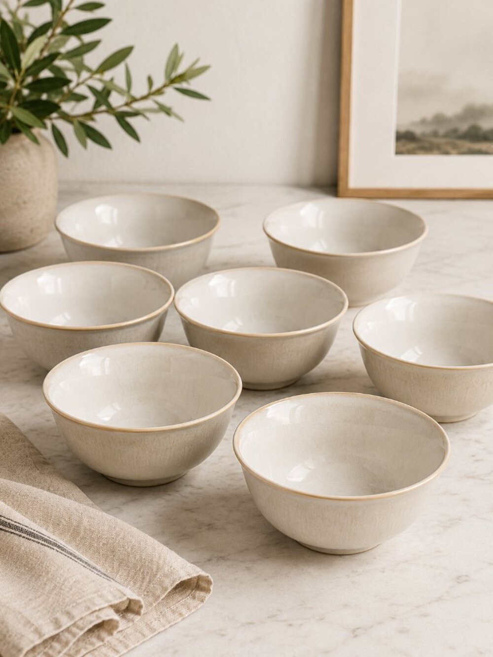 7x DENBY Stoneware Bowls Cereal Soup Linen Oatmeal England 6.5"